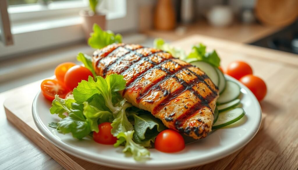 A beautifully cooked grilled chicken breast, perfectly charred with golden-brown grill marks, is placed artfully on a light-colored ceramic plate. Surrounding the chicken are vibrant, fresh ingredients: crisp romaine lettuce, ripe cherry tomatoes, and thinly sliced cucumbers. The background features a softly blurred kitchen setting, with natural light streaming in through a nearby window, adding warmth and a homey feel. The scene captures a clean and inviting atmosphere, emphasizing a healthy and calorie-conscious meal. The angle is slightly top-down, showcasing the details of the textures and colors, while ensuring the image evokes a sense of freshness and nutrition. No text or logos are included, maintaining a focus on the grilled chicken and its accompanying salad.