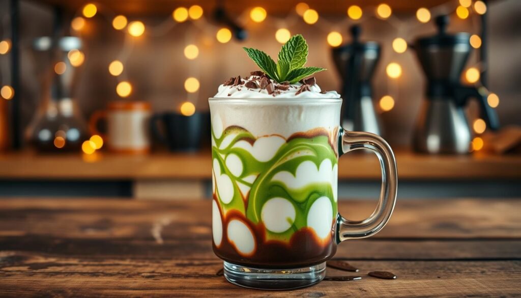 A beautifully crafted beverage featuring layers of frothy peppermint-infused vanilla and rich chocolate. In the foreground, a clear glass mug showcases the vibrant green mint swirls and creamy white vanilla foam, topped with delicate chocolate shavings and a sprig of fresh mint. The mug is placed on a rustic wooden table, with a hint of melting chocolate sauce drizzled artistically around it. In the middle background, a soft glow illuminates the scene, coming from fairy lights on a blurred shelf filled with coffee brewing equipment, enhancing the cozy atmosphere. The lighting is warm and inviting, creating a refreshing yet indulgent mood. The angle captures the beverage from a slight overhead view, emphasizing the beautiful layers and textures without any text or distractions. A beautifully crafted beverage featuring layers of frothy peppermint-infused vanilla and rich chocolate. In the foreground, a clear glass mug showcases the vibrant green mint swirls and creamy white vanilla foam, topped with delicate chocolate shavings and a sprig of fresh mint. The mug is placed on a rustic wooden table, with a hint of melting chocolate sauce drizzled artistically around it. In the middle background, a soft glow illuminates the scene, coming from fairy lights on a blurred shelf filled with coffee brewing equipment, enhancing the cozy atmosphere. The lighting is warm and inviting, creating a refreshing yet indulgent mood. The angle captures the beverage from a slight overhead view, emphasizing the beautiful layers and textures without any text or distractions.