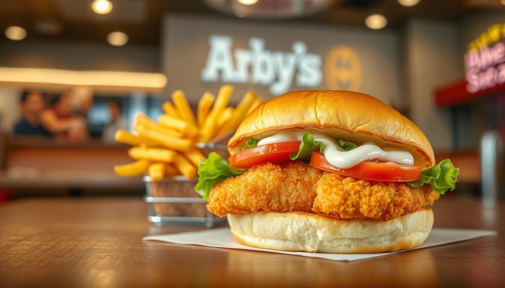 A beautifully crafted fish sandwich, showcasing a crispy, golden-brown fillet nestled between a fluffy, toasted bun. In the foreground, vivid details highlight the sandwich's fresh toppings: crisp lettuce, ripe tomato slices, and a drizzle of tartar sauce. In the middle ground, a side of crinkle-cut fries is artfully arranged, adding a pop of color and texture. The background features a cozy, modern Arby's restaurant setting, softly illuminated with warm, inviting lighting that enhances the delicious appeal of the meal. The atmosphere is casual and inviting, perfect for a quick bite. Shot from a slightly angled perspective to create depth, conveying a sense of indulgence and satisfaction.