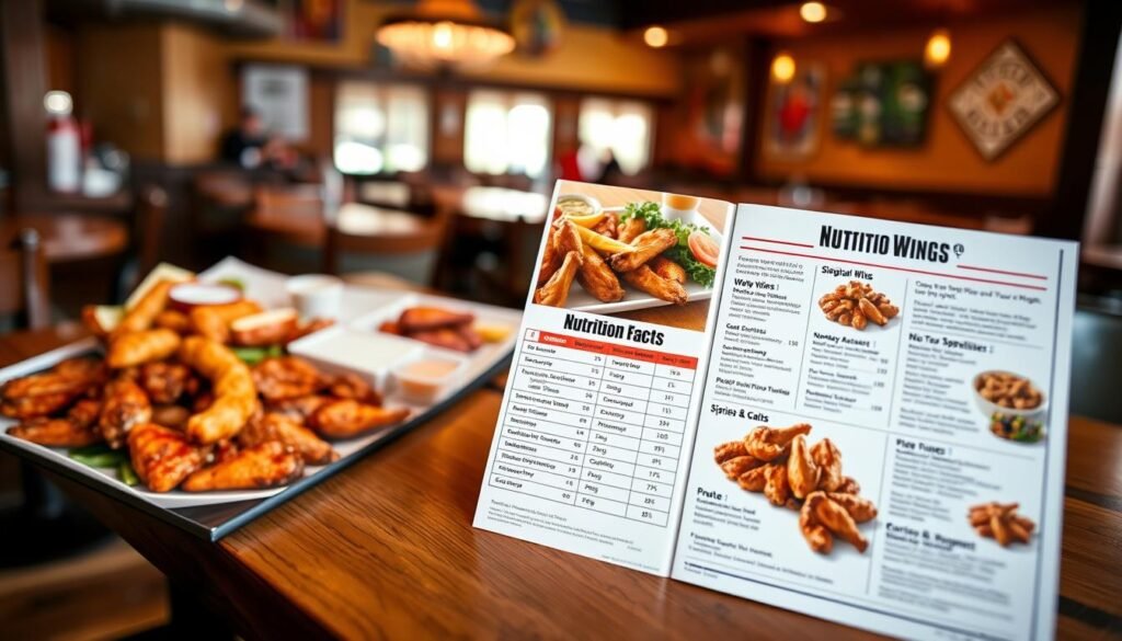 A beautifully designed Buffalo Wild Wings menu displayed prominently on a wooden table, emphasizing various sections. In the foreground, focus on colorful images of signature wings, appetizers, and sides arranged artistically. The middle layer features a detailed chart showing nutrition information, segmented into categories like calories, protein, and carbs, subtly integrated with the menu layout. In the background, a soft focus on a vibrant restaurant environment conveys a lively, welcoming atmosphere. Natural warm lighting enhances the colors of the food, creating an appetizing look. Capture the scene from a slightly elevated angle to provide an engaging overview, inviting viewers to explore the offerings visually. A beautifully designed Buffalo Wild Wings menu displayed prominently on a wooden table, emphasizing various sections. In the foreground, focus on colorful images of signature wings, appetizers, and sides arranged artistically. The middle layer features a detailed chart showing nutrition information, segmented into categories like calories, protein, and carbs, subtly integrated with the menu layout. In the background, a soft focus on a vibrant restaurant environment conveys a lively, welcoming atmosphere. Natural warm lighting enhances the colors of the food, creating an appetizing look. Capture the scene from a slightly elevated angle to provide an engaging overview, inviting viewers to explore the offerings visually.