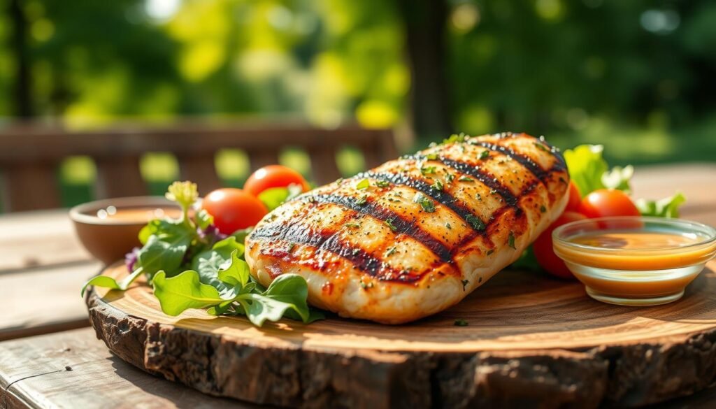 A beautifully grilled chicken breast served on a rustic wooden plate, glistening with a light drizzle of olive oil and a sprinkle of fresh herbs. The chicken is presented with a side of colorful mixed greens, cherry tomatoes, and a small bowl of tangy dipping sauce, highlighting the balance of meal options under 500 calories. In the background, a softly blurred picnic table with sunlight filtering through lush green trees creates an inviting outdoor dining atmosphere. The lighting is warm and natural, casting gentle shadows to enhance the textures of the food. Shot from a slightly elevated angle to capture all elements in a mouthwatering composition, evoking a sense of health-conscious eating and delicious flavor. A beautifully grilled chicken breast served on a rustic wooden plate, glistening with a light drizzle of olive oil and a sprinkle of fresh herbs. The chicken is presented with a side of colorful mixed greens, cherry tomatoes, and a small bowl of tangy dipping sauce, highlighting the balance of meal options under 500 calories. In the background, a softly blurred picnic table with sunlight filtering through lush green trees creates an inviting outdoor dining atmosphere. The lighting is warm and natural, casting gentle shadows to enhance the textures of the food. Shot from a slightly elevated angle to capture all elements in a mouthwatering composition, evoking a sense of health-conscious eating and delicious flavor.