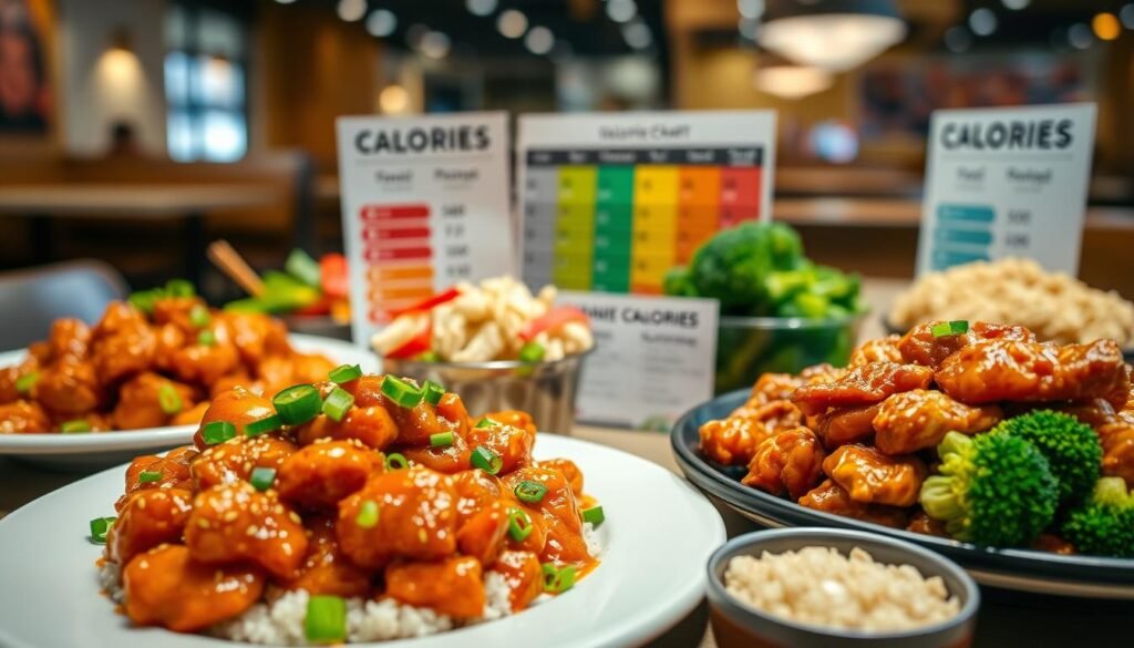 A beautifully organized calorie planning food spread featuring varieties of Panda Express dishes. In the foreground, include a vibrant plate of Orange Chicken, Kung Pao Chicken, and a small bowl of Fried Rice, all garnished with fresh green onions and sesame seeds. The middle ground should display a colorful assortment of fresh vegetables, such as bell peppers and broccoli, along with a calorie chart showing approximate calorie counts for each dish. The background should have a softly blurred dining space with warm lighting to create an inviting atmosphere. Use a shallow depth of field to focus on the food while gently fading the background. Capture the image from a slight top-down angle to provide a comprehensive view, illuminating the textures and colors of the dishes, evoking a sense of healthy meal planning and enjoyment. A beautifully organized calorie planning food spread featuring varieties of Panda Express dishes. In the foreground, include a vibrant plate of Orange Chicken, Kung Pao Chicken, and a small bowl of Fried Rice, all garnished with fresh green onions and sesame seeds. The middle ground should display a colorful assortment of fresh vegetables, such as bell peppers and broccoli, along with a calorie chart showing approximate calorie counts for each dish. The background should have a softly blurred dining space with warm lighting to create an inviting atmosphere. Use a shallow depth of field to focus on the food while gently fading the background. Capture the image from a slight top-down angle to provide a comprehensive view, illuminating the textures and colors of the dishes, evoking a sense of healthy meal planning and enjoyment.
