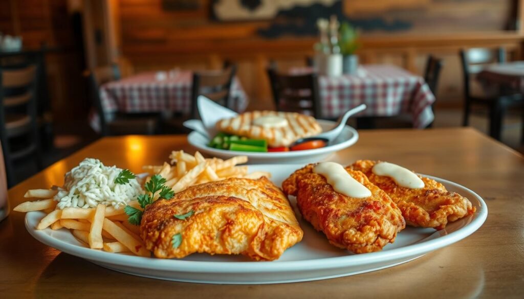 A beautifully plated catfish dish taking center stage in a cozy restaurant setting. The foreground features two pieces of golden-fried catfish, garnished with fresh parsley and served with a side of creamy coleslaw and crispy fries. In the middle ground, a serene table presents a grilled catfish fillet, drizzled with a light lemon butter sauce, accompanied by steamed veggies. Soft, warm lighting casts a gentle glow over the table, enhancing the textures of the food. The background includes rustic wooden elements reminiscent of a traditional Southern eatery, with hints of checkered tablecloths and soft, muted colors creating a welcoming atmosphere. The angle is slightly above eye level, inviting viewers to appreciate the delicious seafood choices while evoking a sense of comfort and nostalgia. A beautifully plated catfish dish taking center stage in a cozy restaurant setting. The foreground features two pieces of golden-fried catfish, garnished with fresh parsley and served with a side of creamy coleslaw and crispy fries. In the middle ground, a serene table presents a grilled catfish fillet, drizzled with a light lemon butter sauce, accompanied by steamed veggies. Soft, warm lighting casts a gentle glow over the table, enhancing the textures of the food. The background includes rustic wooden elements reminiscent of a traditional Southern eatery, with hints of checkered tablecloths and soft, muted colors creating a welcoming atmosphere. The angle is slightly above eye level, inviting viewers to appreciate the delicious seafood choices while evoking a sense of comfort and nostalgia.
