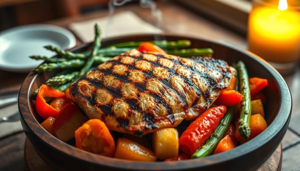 A beautifully plated grilled chicken breast, perfectly charred with golden-brown grill marks, sits center-stage in a rustic wooden bowl. Surrounding the chicken are vibrant, sautéed seasonal vegetables, including bright green asparagus and colorful bell peppers, adding a lively contrast. The background features a softly blurred, inviting dining table with warm, ambient lighting, reminiscent of a cozy country restaurant. A delicate steam rises from the chicken, hinting at its juiciness while conveying warmth and comfort. The scene is captured from a slight overhead angle to emphasize the dish’s textures and colors, creating an atmosphere of homely delight and healthful indulgence. The image should feel inviting and appetizing, with natural lighting enhancing the freshness of the ingredients. A beautifully plated grilled chicken breast, perfectly charred with golden-brown grill marks, sits center-stage in a rustic wooden bowl. Surrounding the chicken are vibrant, sautéed seasonal vegetables, including bright green asparagus and colorful bell peppers, adding a lively contrast. The background features a softly blurred, inviting dining table with warm, ambient lighting, reminiscent of a cozy country restaurant. A delicate steam rises from the chicken, hinting at its juiciness while conveying warmth and comfort. The scene is captured from a slight overhead angle to emphasize the dish’s textures and colors, creating an atmosphere of homely delight and healthful indulgence. The image should feel inviting and appetizing, with natural lighting enhancing the freshness of the ingredients.