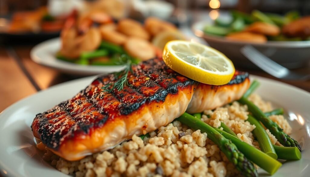 A beautifully plated grilled salmon fillet, rich in color with a crispy, charred exterior, sits atop a bed of vibrant green asparagus and seasoned rice. In the foreground, the salmon is garnished with a slice of lemon and fresh dill for a pop of brightness. The middle ground features a rustic wooden table setting, enhancing the homey, inviting atmosphere of a Texas Roadhouse meal. Soft, warm lighting creates a cozy ambiance, accentuating the textures of the food. In the background, slightly blurred, hints of side dishes like grilled shrimp and fried catfish add depth to the scene. The overall mood is warm and appetizing, showcasing a delicious seafood takeout experience.