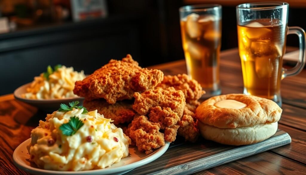A beautifully plated serving of Southern fried chicken, featuring golden-brown, crispy pieces stacked artfully on a rustic wooden table. In the foreground, a side of creamy coleslaw and fluffy mashed potatoes, garnished with fresh parsley, complements the dish, while a warm biscuit rests nearby, with a pat of melting butter on top. The middle ground showcases a cozy diner setting with warm, ambient lighting to evoke a comforting feel. A glass of iced tea with condensation glistening under the light sits in the background, hinting at a nostalgic Southern dining experience. The photograph is captured from a slight overhead angle to highlight the textures and colors of the food, creating an inviting, homely atmosphere perfect for showcasing Southern comfort food. A beautifully plated serving of Southern fried chicken, featuring golden-brown, crispy pieces stacked artfully on a rustic wooden table. In the foreground, a side of creamy coleslaw and fluffy mashed potatoes, garnished with fresh parsley, complements the dish, while a warm biscuit rests nearby, with a pat of melting butter on top. The middle ground showcases a cozy diner setting with warm, ambient lighting to evoke a comforting feel. A glass of iced tea with condensation glistening under the light sits in the background, hinting at a nostalgic Southern dining experience. The photograph is captured from a slight overhead angle to highlight the textures and colors of the food, creating an inviting, homely atmosphere perfect for showcasing Southern comfort food.