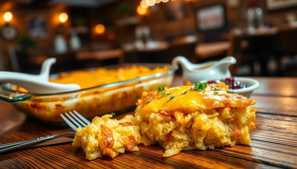 A beautifully presented hashbrown casserole, featuring golden-brown, crispy layers topped with melted cheese and garnished with fresh herbs. In the foreground, showcase a portion of the casserole on a rustic wooden table, with a fork placed beside it. The middle ground should feature a cozy dining setting, possibly with a side of gravy and cranberry sauce. The background should have a warm, inviting ambiance, resembling a country-style restaurant with soft, ambient lighting. Use a shallow depth of field to emphasize the casserole while blurring the background slightly. The overall mood should be homey and comforting, evoking a sense of traditional Southern dining. A beautifully presented hashbrown casserole, featuring golden-brown, crispy layers topped with melted cheese and garnished with fresh herbs. In the foreground, showcase a portion of the casserole on a rustic wooden table, with a fork placed beside it. The middle ground should feature a cozy dining setting, possibly with a side of gravy and cranberry sauce. The background should have a warm, inviting ambiance, resembling a country-style restaurant with soft, ambient lighting. Use a shallow depth of field to emphasize the casserole while blurring the background slightly. The overall mood should be homey and comforting, evoking a sense of traditional Southern dining.