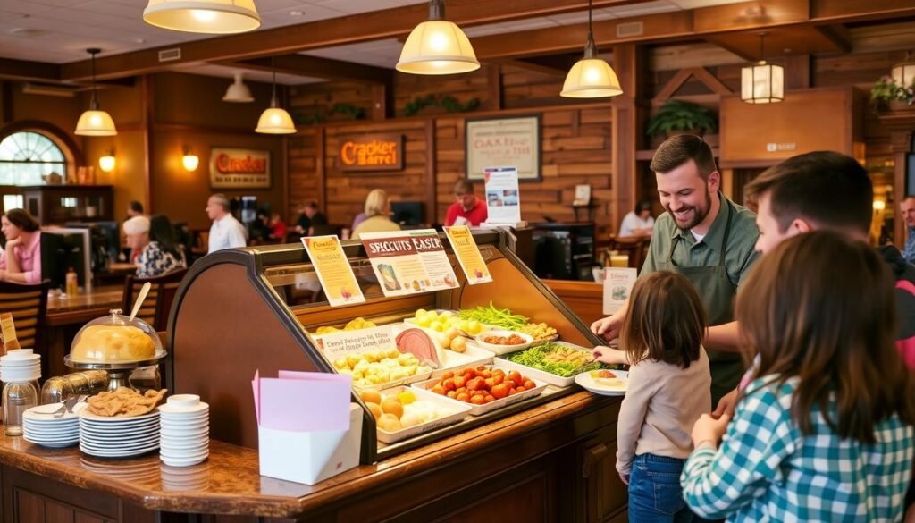 A bustling Cracker Barrel restaurant during Easter, focused on the ordering pickup area. In the foreground, a friendly staff member wearing a professional apron stands at the counter, smiling and assisting a family who is selecting their Easter meal. In the middle, a well-organized display showcases the special Easter menu items, including ham, biscuits, and seasonal sides, all beautifully arranged in warm, inviting colors. The background features rustic wooden decor typical of Cracker Barrel, with charming touches like vintage signs and a cozy seating area, softly lit by warm pendant lights. The overall atmosphere is cheerful and festive, capturing the spirit of family gatherings during the Easter holiday. A bustling Cracker Barrel restaurant during Easter, focused on the ordering pickup area. In the foreground, a friendly staff member wearing a professional apron stands at the counter, smiling and assisting a family who is selecting their Easter meal. In the middle, a well-organized display showcases the special Easter menu items, including ham, biscuits, and seasonal sides, all beautifully arranged in warm, inviting colors. The background features rustic wooden decor typical of Cracker Barrel, with charming touches like vintage signs and a cozy seating area, softly lit by warm pendant lights. The overall atmosphere is cheerful and festive, capturing the spirit of family gatherings during the Easter holiday.