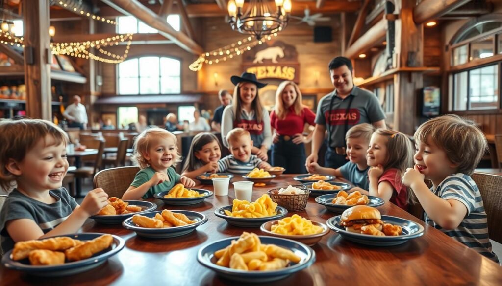 A charming family dining scene inside a Texas Roadhouse restaurant. In the foreground, a wooden table is filled with a vibrant array of kids' meal options, including colorful plates of chicken tenders, macaroni and cheese, and mini burgers. Cheerful children are seated at the table, dressed in casual attire, laughing and enjoying their meals. In the middle ground, friendly waitstaff in Texas Roadhouse uniforms serve the food, displaying warm smiles. The background features rustic decor with wooden beams, twinkling string lights, and western-themed accents, creating a cozy and inviting atmosphere. Soft, warm lighting floods the scene, evoking a sense of comfort and family bonding, captured from a mid-angle perspective to emphasize the lively interactions and delicious food.