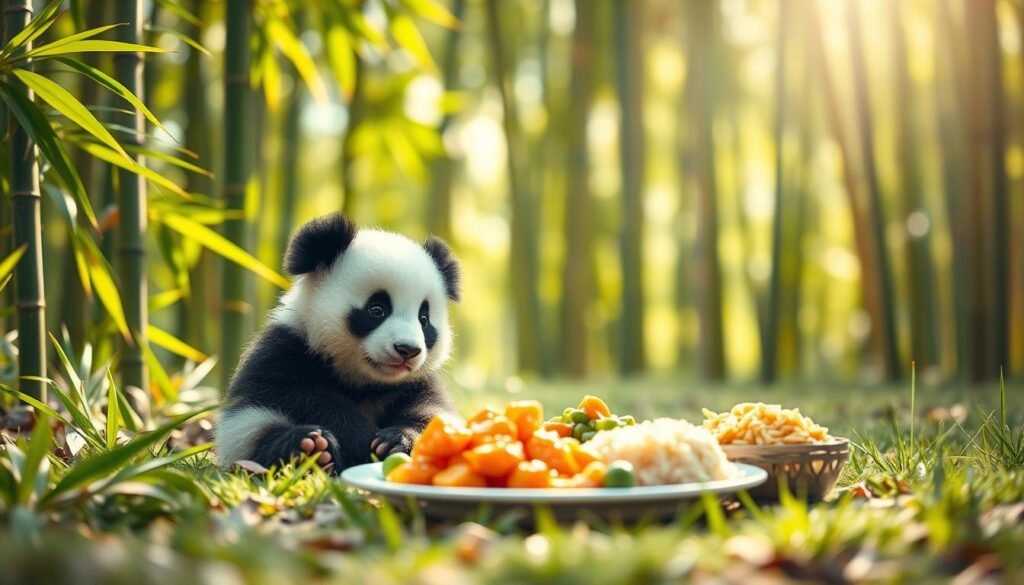 A charming scene featuring an adorable panda cub, sitting playfully in a lush bamboo forest. In the foreground, the panda cub looks curiously at a colorful plate of kid-friendly meals arranged beside it, showcasing items like orange chicken, fried rice, and a side of veggies. The middle ground includes vibrant bamboo leaves and soft grass, adding to the natural setting. In the background, gentle sunlight filters through the trees, creating a warm, inviting atmosphere with a slight bokeh effect. The overall mood is cheerful and lively, emphasizing the innocence and joy of a child's meal experience. Use a soft focus lens effect, capturing the panda's innocent expression and the colorful food in a bright, daylight setting.