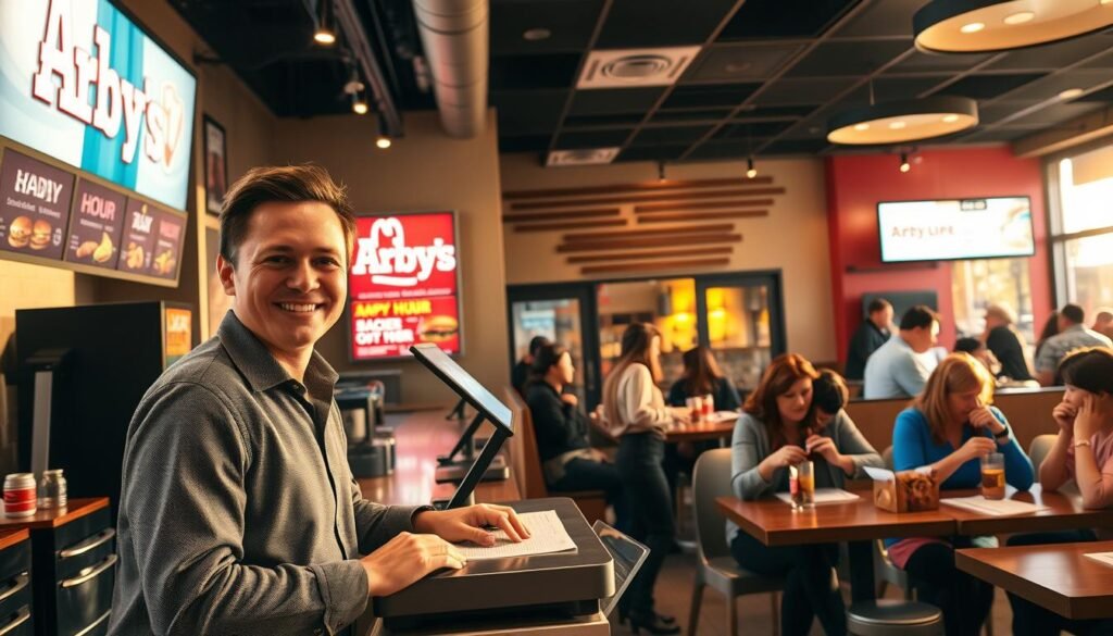 A cheerful Arby's restaurant interior during happy hour, buzzing with customers enjoying their meals. In the foreground, a happy customer, dressed in smart casual attire, is placing an order at the counter with a friendly staff member behind the register, showcasing an inviting smile. The middle ground features colorful Arby’s menu boards displaying happy hour deals and delicious food options, while other customers are seated at tables, savoring their meals. The background includes a welcoming decor with warm lighting enhancing the cozy atmosphere, designed to evoke a sense of community and satisfaction. The scene captures a warm golden hour light streaming through the windows, creating an inviting ambiance that encourages social interaction and enjoyment.
