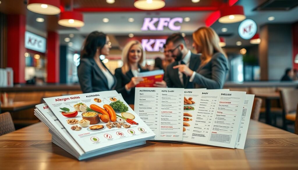 A clean and organized layout of allergen notes displayed prominently on a restaurant-style wooden table, showcasing a variety of colorful, fresh ingredients representing common allergens like nuts, dairy, gluten, and shellfish. In the foreground, a neatly arranged stack of printed allergen information forms a fan, with clear icons and symbols indicating allergy categories. The middle of the image features a professional, diverse group of four adults in smart casual attire, discussing menu options, with one pointing to the allergen notes. The background is softly blurred to suggest a bustling KFC restaurant ambiance with warm lighting, red and white colors, and cozy wooden decor. The overall mood is informative and inviting, encouraging thoughtful dining choices for group orders. A clean and organized layout of allergen notes displayed prominently on a restaurant-style wooden table, showcasing a variety of colorful, fresh ingredients representing common allergens like nuts, dairy, gluten, and shellfish. In the foreground, a neatly arranged stack of printed allergen information forms a fan, with clear icons and symbols indicating allergy categories. The middle of the image features a professional, diverse group of four adults in smart casual attire, discussing menu options, with one pointing to the allergen notes. The background is softly blurred to suggest a bustling KFC restaurant ambiance with warm lighting, red and white colors, and cozy wooden decor. The overall mood is informative and inviting, encouraging thoughtful dining choices for group orders.