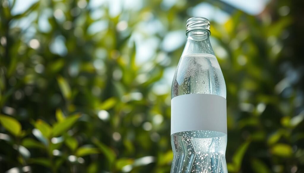 A clear, refreshing bottle of water positioned prominently in the foreground, glistening with condensation to emphasize its coldness. The bottle is designed with a smooth, modern aesthetic, featuring a sleek label without text, highlighting its purity. In the middle ground, a lush, green background of blurred plants suggests a natural, outdoor setting that conveys freshness. Soft, diffused sunlight filters through the leaves, casting gentle light onto the bottle, enhancing its appeal. The atmosphere is crisp and invigorating, evoking the feeling of a hot day when hydration is essential. The angle is slightly tilted from above, giving viewers a dynamic perspective while keeping the focus on the bottled water's refreshing qualities. No people or distractions; the image is serene and focused solely on the product. A clear, refreshing bottle of water positioned prominently in the foreground, glistening with condensation to emphasize its coldness. The bottle is designed with a smooth, modern aesthetic, featuring a sleek label without text, highlighting its purity. In the middle ground, a lush, green background of blurred plants suggests a natural, outdoor setting that conveys freshness. Soft, diffused sunlight filters through the leaves, casting gentle light onto the bottle, enhancing its appeal. The atmosphere is crisp and invigorating, evoking the feeling of a hot day when hydration is essential. The angle is slightly tilted from above, giving viewers a dynamic perspective while keeping the focus on the bottled water's refreshing qualities. No people or distractions; the image is serene and focused solely on the product.