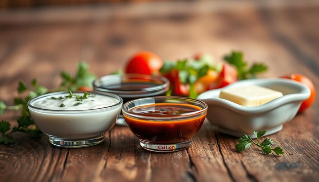 A close-up composition of a rustic wooden tabletop showcasing an array of colorful dressings, sauces, and butter, each presented in small, elegant bowls. The foreground features a creamy ranch dressing with fresh herbs sprinkled on top, a vibrant balsamic vinaigrette with glimmers of olive oil, and a buttery mix melting gently in a classic dish. In the background, blurred soft lighting creates a warm, inviting atmosphere, highlighting the textures and colors of the sauces. Subtle reflections from the sauce glassware add depth, while a few fresh vegetables and herbs are artistically arranged around the scene, enhancing the natural vibe. A shallow depth of field draws attention to the dressings, making them the focal point of this appetizing image, capturing the essence of hidden calories in toppings. A close-up composition of a rustic wooden tabletop showcasing an array of colorful dressings, sauces, and butter, each presented in small, elegant bowls. The foreground features a creamy ranch dressing with fresh herbs sprinkled on top, a vibrant balsamic vinaigrette with glimmers of olive oil, and a buttery mix melting gently in a classic dish. In the background, blurred soft lighting creates a warm, inviting atmosphere, highlighting the textures and colors of the sauces. Subtle reflections from the sauce glassware add depth, while a few fresh vegetables and herbs are artistically arranged around the scene, enhancing the natural vibe. A shallow depth of field draws attention to the dressings, making them the focal point of this appetizing image, capturing the essence of hidden calories in toppings.