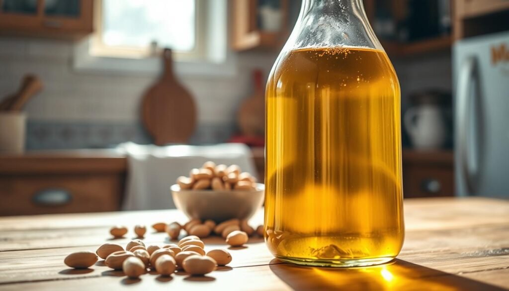 A close-up image of a clear glass bottle of peanut oil, elegantly placed on a rustic wooden kitchen countertop. The foreground features the bottle, with the sunlight illuminating its golden liquid, showcasing the oil’s smooth texture and rich color. In the middle, there are scattered peanuts and a small bowl filled with fresh, unprocessed peanuts to emphasize the natural ingredient. The background is softly blurred, depicting a cozy kitchen atmosphere with soft natural light streaming in through a nearby window, casting gentle shadows. The mood is warm and inviting, perfect for health-conscious parents considering dietary options. The composition should have a shallow depth of field, focusing intently on the peanut oil, creating a sense of clarity and highlighting its role in nutrition. A close-up image of a clear glass bottle of peanut oil, elegantly placed on a rustic wooden kitchen countertop. The foreground features the bottle, with the sunlight illuminating its golden liquid, showcasing the oil’s smooth texture and rich color. In the middle, there are scattered peanuts and a small bowl filled with fresh, unprocessed peanuts to emphasize the natural ingredient. The background is softly blurred, depicting a cozy kitchen atmosphere with soft natural light streaming in through a nearby window, casting gentle shadows. The mood is warm and inviting, perfect for health-conscious parents considering dietary options. The composition should have a shallow depth of field, focusing intently on the peanut oil, creating a sense of clarity and highlighting its role in nutrition.