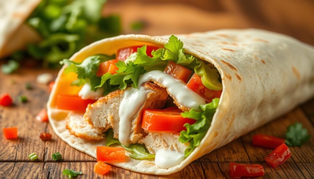 A close-up image of a delicious chicken wrap, featuring a tender, crispy chicken breast sliced and nestled inside a warm, lightly toasted tortilla. The wrap is packed with vibrant, fresh ingredients including crisp lettuce, ripe tomatoes, and creamy ranch dressing, all beautifully layered to show the textures. Surrounding the wrap, there are small scattered ingredients like diced peppers and cilantro to enhance the visual appeal. In the background, a rustic wooden table creates a warm, homey atmosphere. Soft, natural lighting highlights the colors and textures, while a slight blur focuses attention on the wrap itself. The overall mood is inviting and appetizing, showcasing the enticing flavors of the KFC Wraps menu.