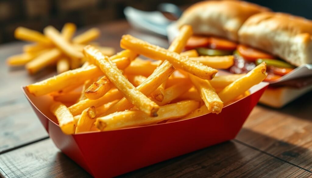 A close-up image of a delicious pile of golden, crispy fries, perfectly cooked and lightly seasoned with sea salt. The fries are arranged in a stylish, red paper container, showcasing their appealing texture and sheen. In the background, a rustic wooden table adds warmth, while a softly blurred Arby’s sandwich is positioned nearby, hinting at the ideal pairing. The lighting is bright and inviting, casting gentle shadows that enhance the fries' contours. The scene captures a casual, appetizing atmosphere, evoking a craving for a satisfying meal. The angle is slightly above eye level, focusing on the fries as the hero of the image, with no distractions. A close-up image of a delicious pile of golden, crispy fries, perfectly cooked and lightly seasoned with sea salt. The fries are arranged in a stylish, red paper container, showcasing their appealing texture and sheen. In the background, a rustic wooden table adds warmth, while a softly blurred Arby’s sandwich is positioned nearby, hinting at the ideal pairing. The lighting is bright and inviting, casting gentle shadows that enhance the fries' contours. The scene captures a casual, appetizing atmosphere, evoking a craving for a satisfying meal. The angle is slightly above eye level, focusing on the fries as the hero of the image, with no distractions.
