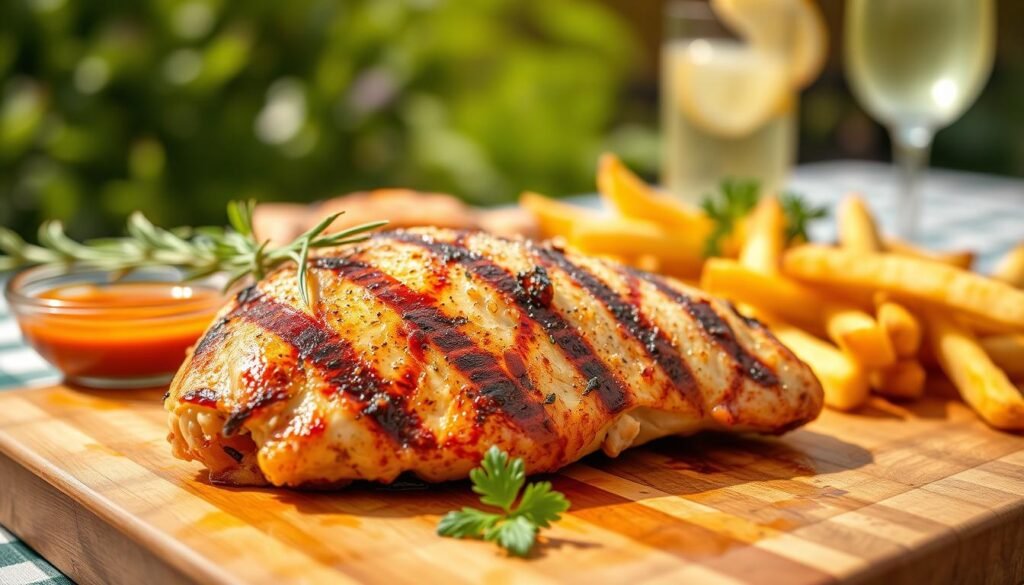 A close-up image of a perfectly grilled chicken breast, showcasing its golden-brown crust and succulent texture. The chicken is garnished with fresh herbs, such as rosemary and parsley, adding vibrant green accents. In the foreground, include a wooden cutting board with grilling marks, and a few side dishes like a bowl of tangy buffalo sauce and a serving of crispy fries. The middle ground transitions to a rustic table setting, complete with a checked tablecloth and a glass of lemonade reflecting the sun. In the background, soft-focus greenery suggests an outdoor barbecue atmosphere. The lighting is bright and natural, evoking a warm, inviting mood. The image should be appetizing and enticing, highlighting the deliciousness of grilled chicken options.
