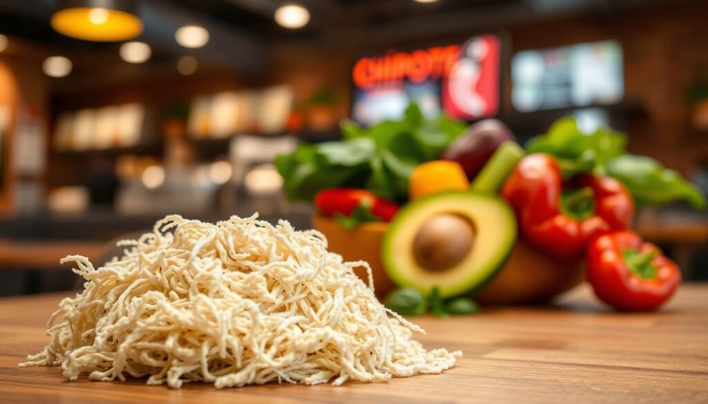 A close-up image of gluten in a rich, textured form, emphasizing its stringy and fibrous quality. In the foreground, a handful of gluten is displayed on a wooden surface, glistening under soft, warm lighting that accentuates its natural sheen. In the middle ground, a bowl of colorful, fresh vegetables surrounds the gluten, symbolizing gluten-free options, such as bell peppers, avocado, and leafy greens. The background features a blurred Chipotle-style restaurant setting, providing a hint of context without distraction. The mood is inviting and appetizing, aiming to convey the essence of healthy, gluten-free meals. Ensure the atmosphere is one of freshness and culinary delight, with a focus on wholesome ingredients and vibrant colors. A close-up image of gluten in a rich, textured form, emphasizing its stringy and fibrous quality. In the foreground, a handful of gluten is displayed on a wooden surface, glistening under soft, warm lighting that accentuates its natural sheen. In the middle ground, a bowl of colorful, fresh vegetables surrounds the gluten, symbolizing gluten-free options, such as bell peppers, avocado, and leafy greens. The background features a blurred Chipotle-style restaurant setting, providing a hint of context without distraction. The mood is inviting and appetizing, aiming to convey the essence of healthy, gluten-free meals. Ensure the atmosphere is one of freshness and culinary delight, with a focus on wholesome ingredients and vibrant colors.