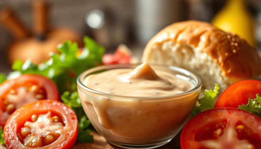 A close-up image showcasing a creamy, rich burger sauce in a small glass bowl, surrounded by fresh ingredients. In the foreground, the sauce is drizzled artfully, creating an inviting texture with hints of herbs and spices visible. In the middle ground, slices of ripe tomatoes and crisp lettuce border the bowl, complemented by a toasted brioche bun cut in half, revealing its fluffy interior. The background features a softly blurred kitchen setting with warm, natural lighting that casts a welcoming glow, enhancing the colors of the ingredients. The mood is appetizing and inviting, perfect for a culinary article on sauces. The angle is slightly elevated, capturing the vivid colors and textures while focusing primarily on the sauce itself, ensuring a clean and professional presentation.
