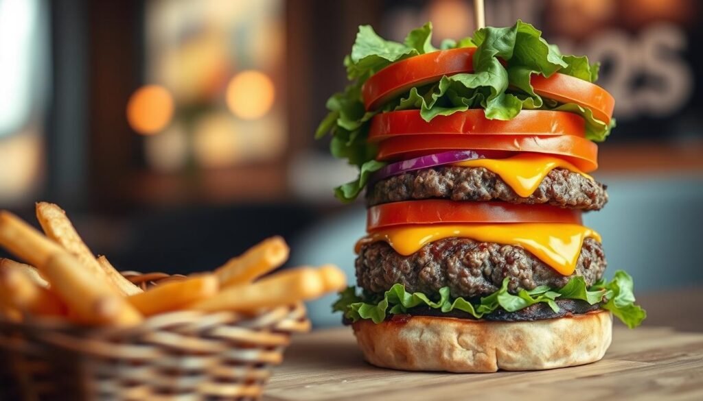 A close-up of a delicious bunless burger, showcasing a thick, juicy beef patty topped with crisp lettuce, fresh tomato slices, and melted cheese, all stacked high without any bread. In the foreground, a side of golden, crispy fries sits in a rustic basket. The middle layer features a vibrant salad with various colorful vegetables and a drizzle of dressing, emphasizing the healthy aspect of gluten-free eating. The background is softly blurred, suggesting a cozy, modern restaurant environment with warm lighting. Use a shallow depth of field to focus on the burger, creating an inviting atmosphere that highlights the appealing textures and colors of the ingredients, conveying a sense of satisfaction and indulgence in a gluten-free meal.