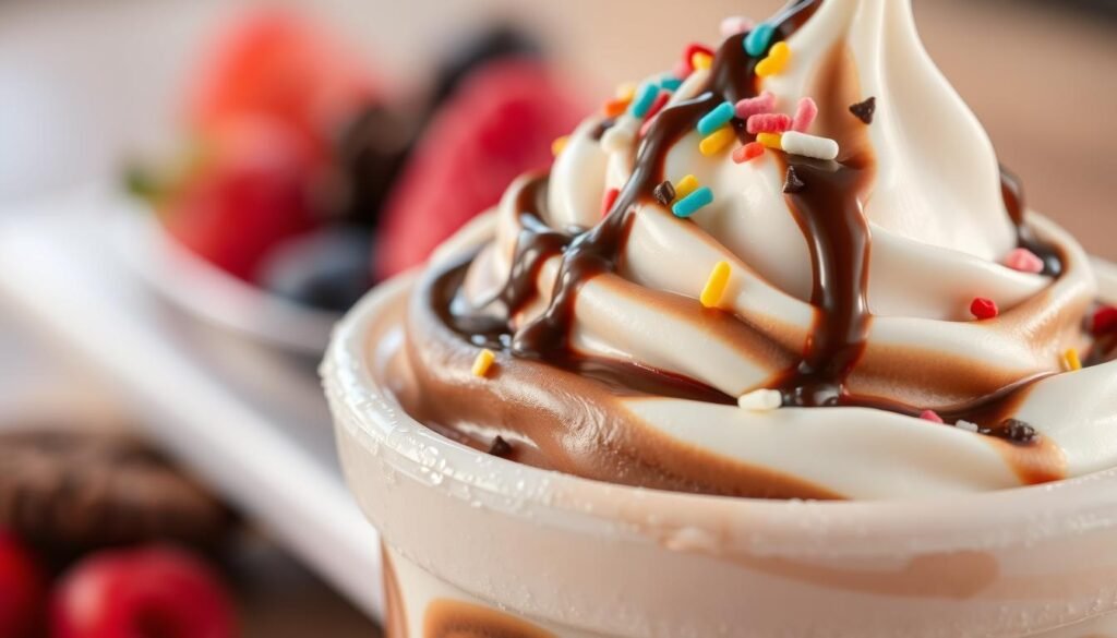 A close-up of a deliciously creamy Frosty dessert, showcasing a swirl of rich chocolate and vanilla flavors, topped with colorful sprinkles and a drizzle of chocolate sauce. The foreground features a frosty, glossy cup with condensation, emphasizing its coldness. In the middle background, vibrant ingredients like fresh berries and crushed cookies are artistically arranged, hinting at customizable toppings. The lighting is soft and inviting, creating a warm, cozy atmosphere, while a subtle bokeh effect adds depth to the image. Capture the indulgent essence of fast food desserts, focusing on texture and visual appeal, with a shallow depth of field that highlights the Frosty as the main subject against an enticing blur of dessert elements.