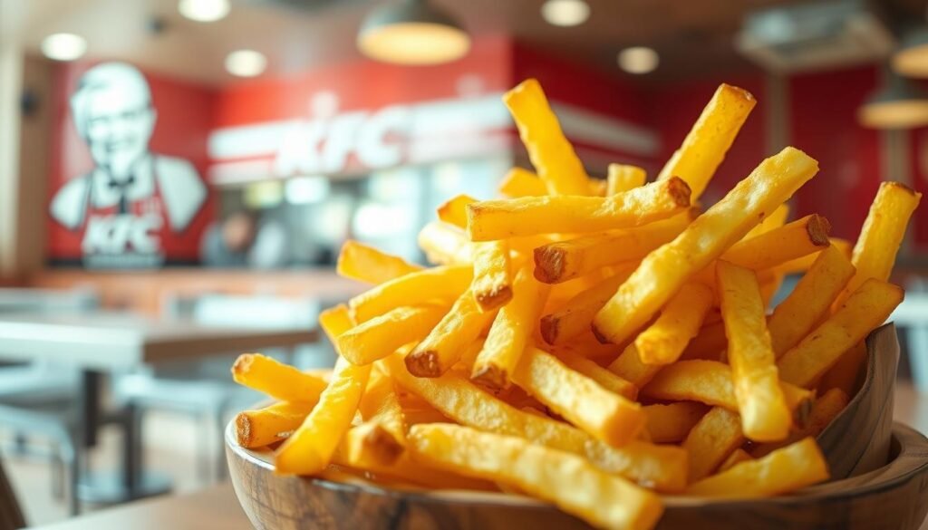 A close-up of a generous serving of golden, crispy fries, perfectly arranged in a rustic wooden bowl. The fries are glistening under soft, natural lighting, showcasing their crunchy texture and inviting color. In the background, a blurred view of a KFC-style restaurant is implied, featuring recognizable elements such as a red-and-white theme without specific logos. The mood is lively yet casual, suggesting a friendly dining atmosphere. The image should have a shallow depth of field, drawing focus to the fries while hinting at a comforting lunch or snack experience. No people or branding should be evident, creating a clean, appetizing scene perfect for an article showcasing gluten-free dining options.