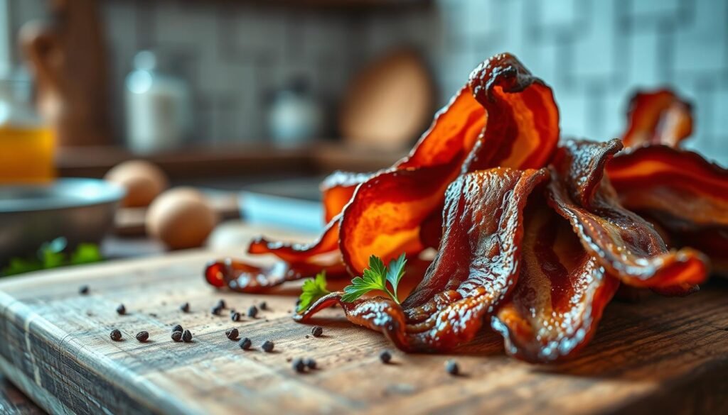 A close-up of beautifully arranged applewood smoked bacon on a rustic wooden cutting board, highlighting the crispy texture and rich caramelization. The bacon strips are artfully curled, showcasing a deep mahogany color with glistening, savory fat. In the background, a soft-focus kitchen scene hints at an inviting cooking atmosphere, with warm, natural lighting casting a mouthwatering glow on the bacon. A few splatters of black pepper and fresh parsley sprigs are scattered around for added visual interest. The composition is shot from a slight overhead angle, emphasizing the bacon's enticing details while maintaining a cozy and delicious mood, perfect for illustrating a section about indulgent, bacon-forward dishes.