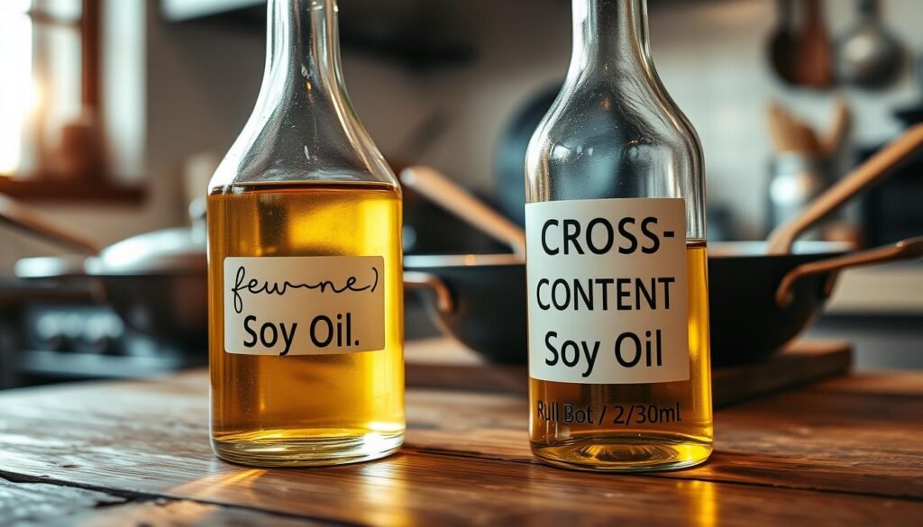 A close-up shot focusing on a clear glass bottle of soy oil labeled "Cross-Contact Soy Oil" placed on a rustic wooden table, representing potential allergen risks. The foreground features the glistening oil, reflecting soft natural light from a nearby window, creating a warm and inviting atmosphere. In the middle ground, various kitchen utensils like a frying pan and spatula are partially visible, suggesting shared equipment often found in restaurant kitchens. The background fades into a blurred kitchen setting, subtly indicating the cooking environment. The overall mood is informative yet approachable, aimed at raising awareness about allergen cross-contact in a culinary context, with soft, diffused lighting enhancing the scene's warmth and focus. A close-up shot focusing on a clear glass bottle of soy oil labeled "Cross-Contact Soy Oil" placed on a rustic wooden table, representing potential allergen risks. The foreground features the glistening oil, reflecting soft natural light from a nearby window, creating a warm and inviting atmosphere. In the middle ground, various kitchen utensils like a frying pan and spatula are partially visible, suggesting shared equipment often found in restaurant kitchens. The background fades into a blurred kitchen setting, subtly indicating the cooking environment. The overall mood is informative yet approachable, aimed at raising awareness about allergen cross-contact in a culinary context, with soft, diffused lighting enhancing the scene's warmth and focus.