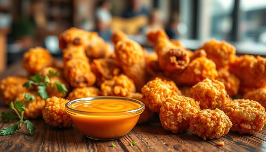 A close-up shot of a delicious, crispy serving of KFC nuggets arranged artfully on a rustic wooden table, showcasing their golden-brown exterior and tempting texture. The foreground features a small bowl of dipping sauce, glistening and vibrant in color, with herbs sprinkled around for added flavor. In the middle ground, a few tender chicken tenders and crispy wings can be seen, contributing to a delightful variety of fried chicken items. The background is softly blurred to enhance the focus on the food, with warm, inviting lighting that highlights the juicy details and crunchy coating of each piece. The atmosphere is casual and appetizing, inviting the viewer to savor the experience of a tasty meal. A close-up shot of a delicious, crispy serving of KFC nuggets arranged artfully on a rustic wooden table, showcasing their golden-brown exterior and tempting texture. The foreground features a small bowl of dipping sauce, glistening and vibrant in color, with herbs sprinkled around for added flavor. In the middle ground, a few tender chicken tenders and crispy wings can be seen, contributing to a delightful variety of fried chicken items. The background is softly blurred to enhance the focus on the food, with warm, inviting lighting that highlights the juicy details and crunchy coating of each piece. The atmosphere is casual and appetizing, inviting the viewer to savor the experience of a tasty meal.