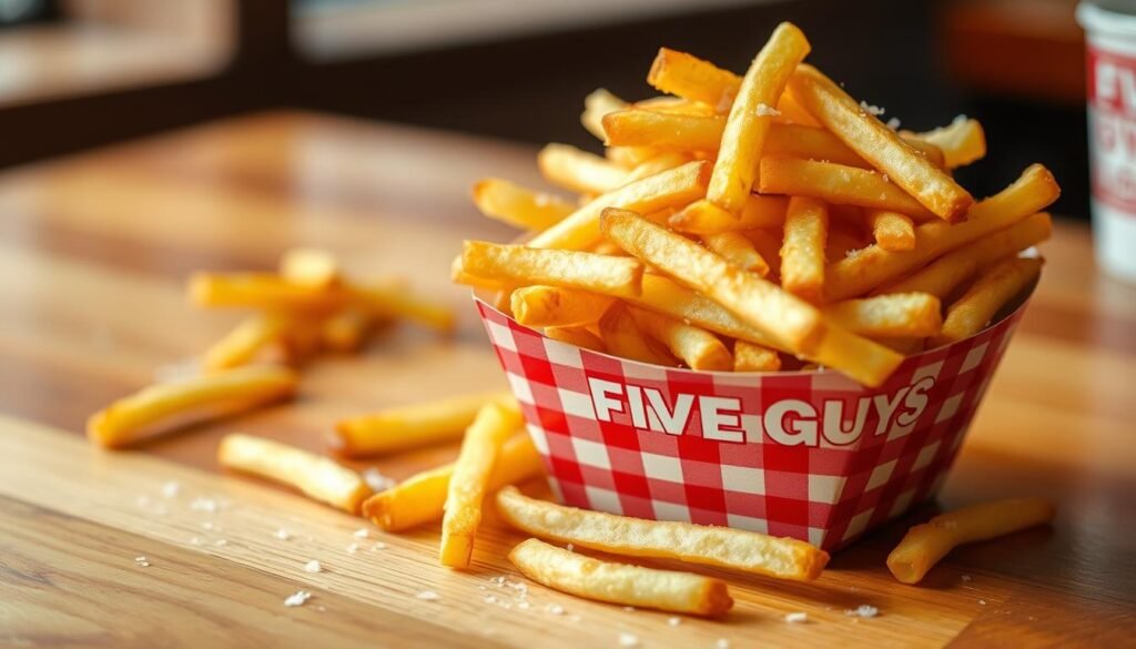 A close-up shot of a generous serving of Five Guys fries, piled high in a rustic, red-checkered paper cup, glistening with a light sheen of sea salt. The fries are perfectly golden-brown, showcasing their crisp texture, with a few scattered around the cup, emphasizing a casual, indulgent dining experience. In the background, a wooden table surface hints at an inviting, casual atmosphere, with a soft-focus effect that creates warmth. Bright, natural lighting illuminates the scene, highlighting the vibrant colors and textures of the fries. A lens with a shallow depth of field captures the fries in sharp focus, while the background blurs gently, drawing the viewer’s attention to the deliciousness of the fries, evoking a craving for a fresh, flavorful snack.