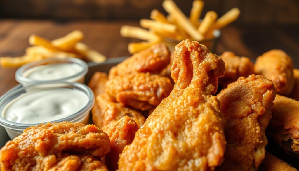 A close-up shot of a platter featuring crispy fried chicken wings, golden brown and perfectly textured. The foreground showcases the wings glistening with a light coating of seasoning. Juicy meat peeks through the crispy exterior, highlighting their tenderness. A side of classic dipping sauces, like ranch and barbecue, creates a vibrant contrast. In the middle ground, a blurred array of crispy French fries adds appeal, hinting at a fast-food context. The background features a rustic wooden table setting, evoking a warm, inviting atmosphere. Soft golden lighting enhances the textures and colors, creating an appetizing glow. The angle is slightly above eye level, inviting viewers to enjoy the deliciousness of the wings, emphasizing a friendly, casual dining mood.