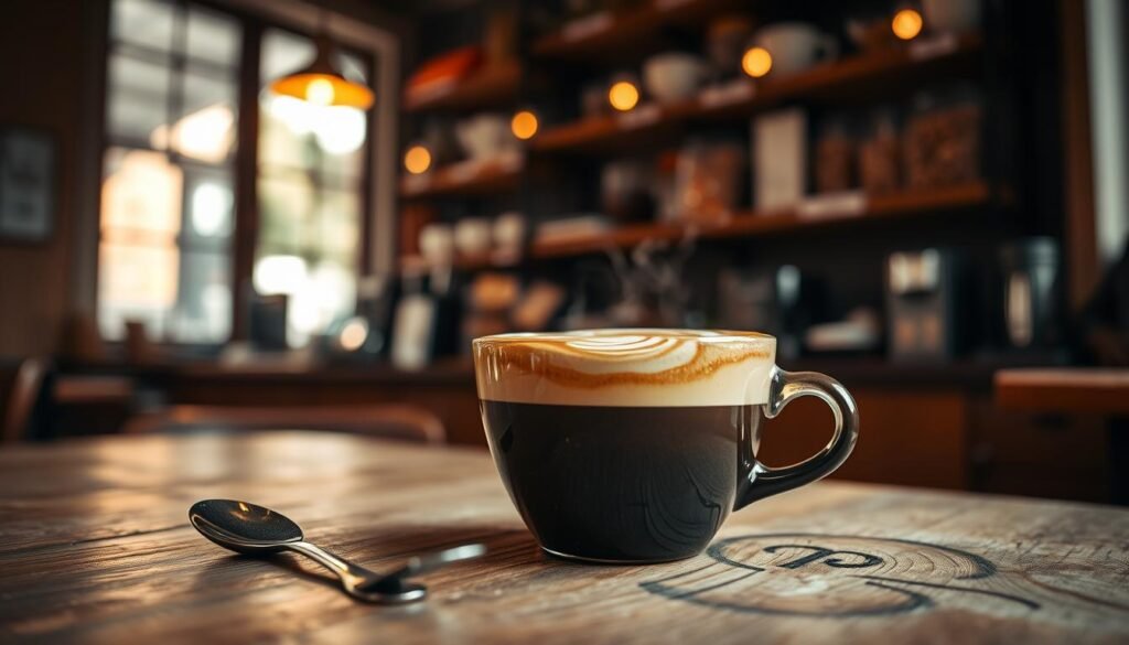 A close-up shot of a steaming cup of freshly brewed coffee on a rustic wooden table, with a soft focus on the coffee's rich, dark surface reflecting a warm glow. The foreground features a delicate teaspoon resting beside the cup, while the middle area highlights the intricate latte art swirling atop the coffee. In the background, a cozy café ambiance with blurred images of shelves filled with coffee beans and a warm lighting setup, creating an inviting atmosphere. The scene exudes a sense of comfort and indulgence, perfect for a relaxing moment. Soft, natural light filters through a nearby window, adding warmth and enhancing the rich browns and creamy whites of the coffee. A close-up shot of a steaming cup of freshly brewed coffee on a rustic wooden table, with a soft focus on the coffee's rich, dark surface reflecting a warm glow. The foreground features a delicate teaspoon resting beside the cup, while the middle area highlights the intricate latte art swirling atop the coffee. In the background, a cozy café ambiance with blurred images of shelves filled with coffee beans and a warm lighting setup, creating an inviting atmosphere. The scene exudes a sense of comfort and indulgence, perfect for a relaxing moment. Soft, natural light filters through a nearby window, adding warmth and enhancing the rich browns and creamy whites of the coffee.