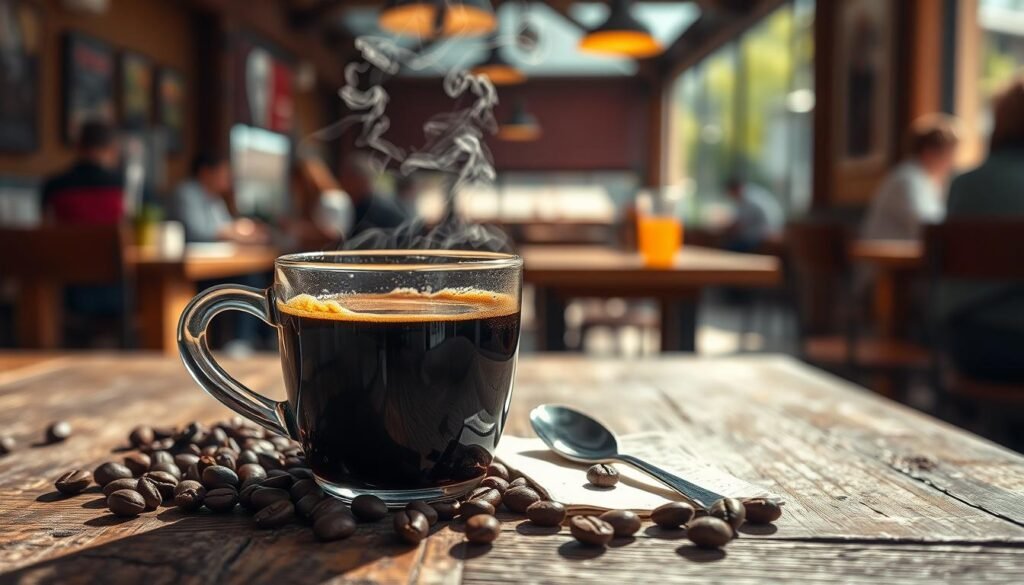 A close-up shot of a steaming cup of freshly brewed coffee on a rustic wooden table. The coffee is rich and dark, with a subtle crema on top, indicating quality craftsmanship. Surrounding the cup, there are scattered coffee beans and a small silver spoon resting on a napkin. In the background, softly blurred, there is a sunny morning scene of a KFC restaurant’s cozy breakfast area, with patrons enjoying their meals. Natural light floods the scene, creating warm, inviting tones and soft shadows. The composition is shot at a slight angle to emphasize the textures of the wooden table and the inviting steam rising from the coffee. The atmosphere is warm, relaxed, and inviting, perfect for illustrating a morning beverage experience.