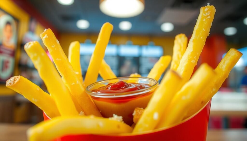 A close-up shot of a vibrant, golden-brown serving of French fries, generously sprinkled with sea salt, placed in a classic red and yellow fast-food container. The fries are arranged artistically, with some leaning against the sides of the container for a dynamic look. In the middle ground, a small side of creamy dipping sauce, such as ketchup or mayonnaise, is positioned perfectly to enhance the composition. The background features a soft-focus of a friendly fast-food restaurant interior, with warm lighting creating a welcoming atmosphere. The image should have a slightly elevated angle to capture the texture and details of the fries while also providing an inviting mood, reminiscent of fun and casual dining.