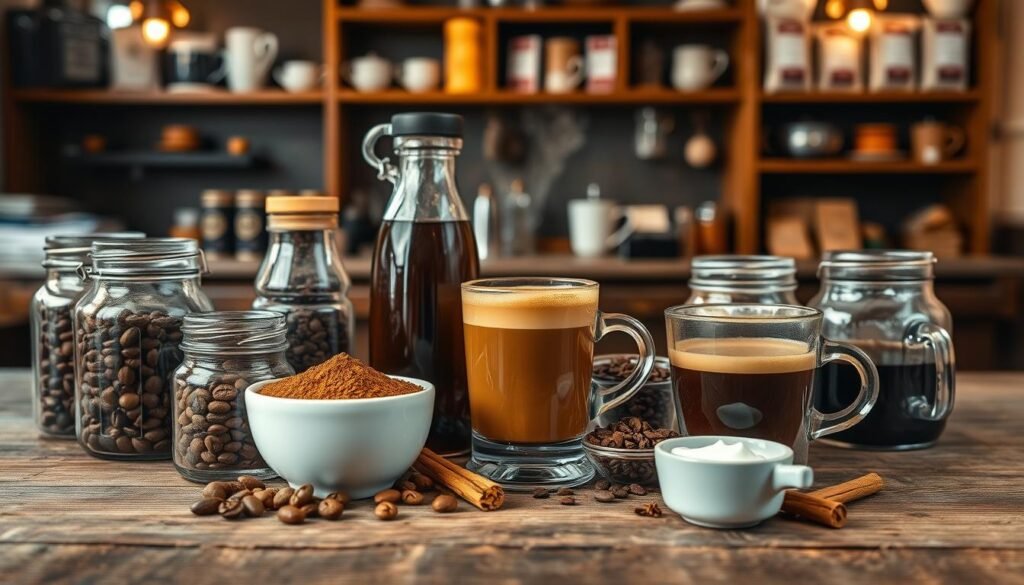 A close-up view of a beautifully arranged selection of coffee ingredients on a rustic wooden table. In the foreground, showcase jars containing whole coffee beans, ground coffee, and various syrups like vanilla and hazelnut, all glistening under soft, warm lighting. In the middle, emphasize a steaming cup of freshly brewed coffee with delicate latte art on top, surrounded by small bowls of sugar, cream, and spices like cinnamon and nutmeg for added detail. In the background, softly blurred to create depth, place an inviting café setting with warm tones, wooden shelves lined with coffee mugs and bags of gourmet coffee. The overall atmosphere should exude warmth, comfort, and an appreciation for the craft of coffee making, encouraging informed choices and a sense of indulgence. A close-up view of a beautifully arranged selection of coffee ingredients on a rustic wooden table. In the foreground, showcase jars containing whole coffee beans, ground coffee, and various syrups like vanilla and hazelnut, all glistening under soft, warm lighting. In the middle, emphasize a steaming cup of freshly brewed coffee with delicate latte art on top, surrounded by small bowls of sugar, cream, and spices like cinnamon and nutmeg for added detail. In the background, softly blurred to create depth, place an inviting café setting with warm tones, wooden shelves lined with coffee mugs and bags of gourmet coffee. The overall atmosphere should exude warmth, comfort, and an appreciation for the craft of coffee making, encouraging informed choices and a sense of indulgence.