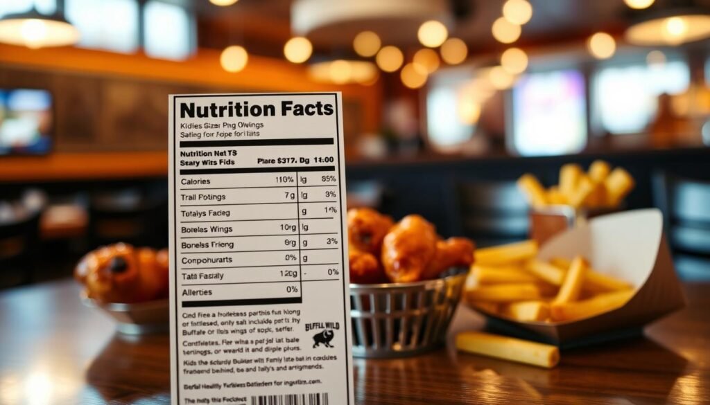 A close-up view of a colorful, informative nutrition facts label from Buffalo Wild Wings, showcasing detailed nutritional information for a kids' menu item. The foreground features the label prominently with clear sections for calories, protein, carbohydrates, and allergens, all designed in a vibrant and kid-friendly layout. In the middle, include a selection of kid-sized Buffalo Wild Wings meals, such as boneless wings and fries, artfully arranged on a lively table setting, emphasizing wholesome ingredients. The background is softly blurred with hints of a family-friendly restaurant environment, incorporating warm lighting that creates an inviting atmosphere. The overall mood is informative yet playful, perfect for parents considering healthy options for kids. A close-up view of a colorful, informative nutrition facts label from Buffalo Wild Wings, showcasing detailed nutritional information for a kids' menu item. The foreground features the label prominently with clear sections for calories, protein, carbohydrates, and allergens, all designed in a vibrant and kid-friendly layout. In the middle, include a selection of kid-sized Buffalo Wild Wings meals, such as boneless wings and fries, artfully arranged on a lively table setting, emphasizing wholesome ingredients. The background is softly blurred with hints of a family-friendly restaurant environment, incorporating warm lighting that creates an inviting atmosphere. The overall mood is informative yet playful, perfect for parents considering healthy options for kids.