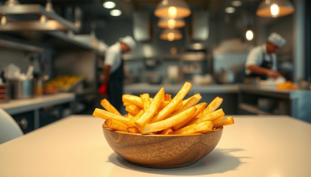 A close-up view of a crispy, golden serving of French fries in a rustic, wooden bowl, placed on a clean, white table. The fries are freshly cooked, glistening with a light sheen of oil, highlighting their texture. In the background, soft, diffused lighting illuminates a bustling kitchen atmosphere, with a glimpse of chefs in professional attire preparing meals safely. The scene evokes a warm and inviting mood, with the focus on the fries symbolizing a popular fast-food item, yet subtly hinting at kitchen practices and allergen risk awareness. The camera angle captures the fries from a slight overhead perspective, emphasizing their inviting appeal without any distractions or overlays.