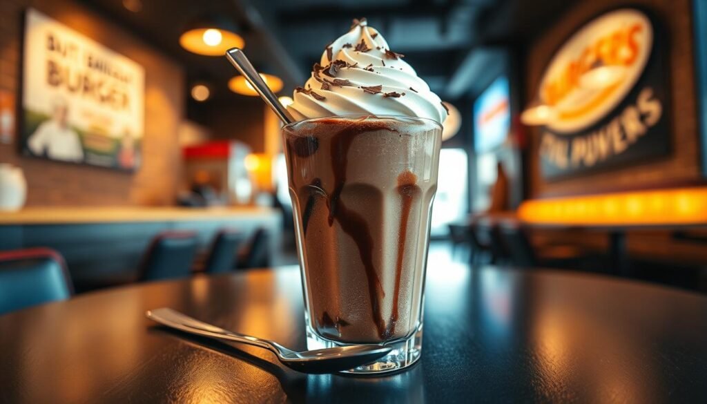A close-up view of a decadent chocolate frosty in a clear cup, showcasing its rich, creamy texture and glossy sheen. The frosty is topped with a dollop of whipped cream, lightly drizzled with chocolate syrup, and sprinkled with chocolate shavings. In the foreground, the cup is set on a sleek black table surface, creating a striking contrast. In the middle, an inviting spoon rests beside the cup, hinting at indulgence. The background features a softly blurred burger joint interior, warm ambient lighting creating a cozy atmosphere, enhancing the dessert's allure. The angle is slightly elevated, capturing the frosty’s height and creamy layers. The scene conveys a sense of comfort and satisfaction, perfect for a sweet treat moment.
