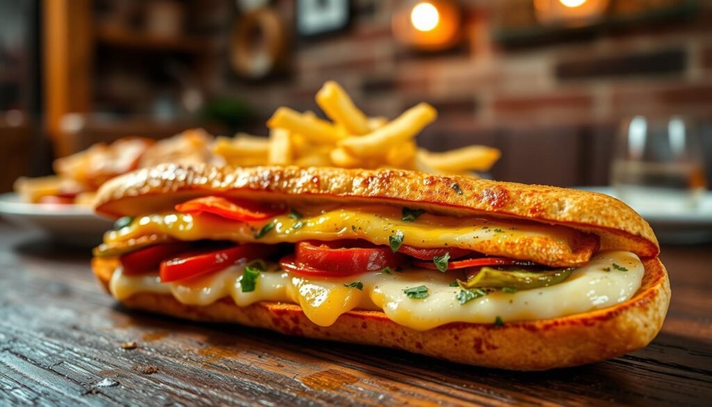 A close-up view of a delicious Pizza Hut Melts sandwich, showcasing its golden-brown, toasted bread filled with melted cheese and various toppings like pepperoni, vegetables, and herbs. In the foreground, the sandwich is placed on a rustic wooden table, glistening with a light drizzle of olive oil, emphasizing its freshness. In the middle, a side of crispy, golden fries adds a touch of contrast. The background features a cozy dining setting with soft, warm lighting that creates an inviting atmosphere, highlighting the comfort food aspect. Capture the image with a slightly elevated angle to emphasize the layers of the Melt, ensuring a mouth-watering presentation. The mood is warm and inviting, perfect for sharing a meal with friends or family.