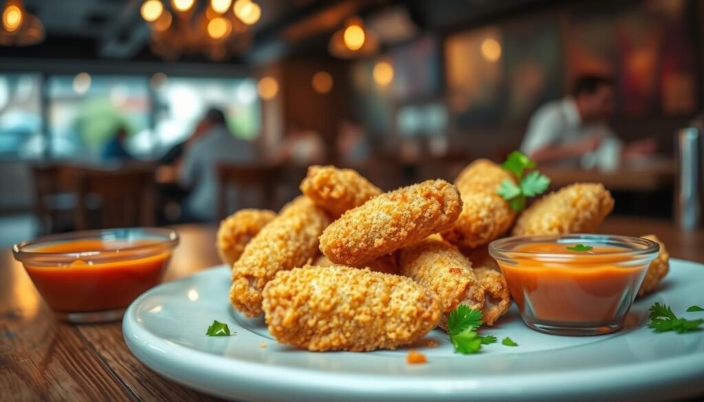 A close-up view of a plate of lightly breaded chicken wings, golden and crispy, showcasing the texture of the breading. The wings are arranged artfully on a rustic wooden table, with a small bowl of vibrant buffalo sauce and a sprinkle of fresh parsley nearby. In the background, soft, warm lighting creates a cozy, inviting atmosphere, accentuating the deliciousness of the meal. A blurred view of a restaurant setting can be seen, with patrons enjoying their meals, subtly enhancing the dining experience. The image is shot at a slight angle, emphasizing the details of the wings, with a shallow depth of field to draw focus on the foreground. The mood is casual yet enticing, perfect for a relaxed dining setting. A close-up view of a plate of lightly breaded chicken wings, golden and crispy, showcasing the texture of the breading. The wings are arranged artfully on a rustic wooden table, with a small bowl of vibrant buffalo sauce and a sprinkle of fresh parsley nearby. In the background, soft, warm lighting creates a cozy, inviting atmosphere, accentuating the deliciousness of the meal. A blurred view of a restaurant setting can be seen, with patrons enjoying their meals, subtly enhancing the dining experience. The image is shot at a slight angle, emphasizing the details of the wings, with a shallow depth of field to draw focus on the foreground. The mood is casual yet enticing, perfect for a relaxed dining setting.