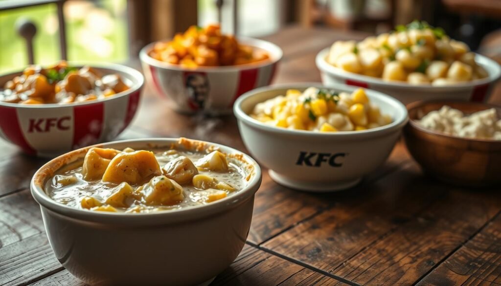 A close-up view of a rustic wooden table showcasing an array of KFC comfort food bowls, including chicken pot pie, mashed potato bowls, and the famous famous bowls. Each bowl is filled with colorful ingredients like tender chicken, creamy gravy, vibrant corn, and fluffy mashed potatoes. The foreground features a steaming bowl of chicken pot pie, with golden crust peeking through. In the middle, the other bowls are artfully arranged, all topped with fresh herbs. In the background, soft natural lighting illuminates the scene, creating a warm and inviting atmosphere. The angle is slightly above eye level, capturing the textures and colors of the food while evoking a sense of indulgent comfort. No text or overlays. A close-up view of a rustic wooden table showcasing an array of KFC comfort food bowls, including chicken pot pie, mashed potato bowls, and the famous famous bowls. Each bowl is filled with colorful ingredients like tender chicken, creamy gravy, vibrant corn, and fluffy mashed potatoes. The foreground features a steaming bowl of chicken pot pie, with golden crust peeking through. In the middle, the other bowls are artfully arranged, all topped with fresh herbs. In the background, soft natural lighting illuminates the scene, creating a warm and inviting atmosphere. The angle is slightly above eye level, capturing the textures and colors of the food while evoking a sense of indulgent comfort. No text or overlays.