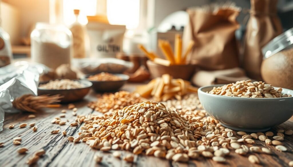 A close-up view of a rustic wooden table strewn with various gluten sources, such as whole wheat bread, pasta, and flour bags. In the foreground, a bowl of gluten-free grains and seeds is prominently featured, showcasing their textures and colors in rich detail. The middle ground showcases a scattering of wheat kernels, emphasizing the contrast between gluten-rich foods and gluten-free options. The background features a softly blurred image of a sunny kitchen space, with warm, natural light streaming through a window, casting gentle shadows. The atmosphere is inviting and informational, perfect for a culinary exploration of gluten's role in food. Aim for a warm color palette to enhance the inviting mood.