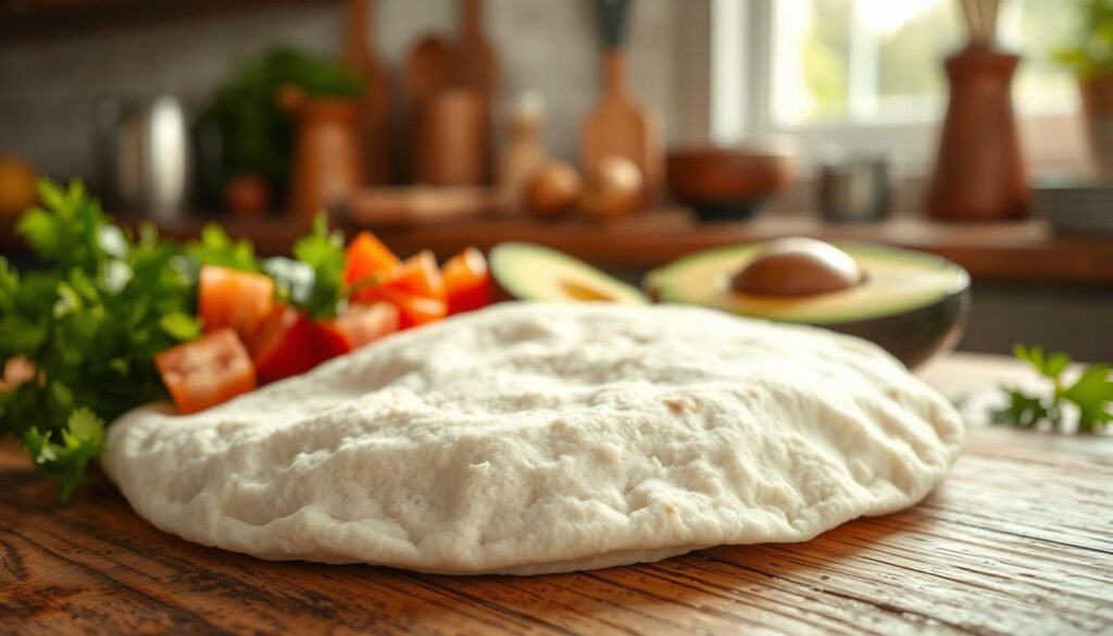 A close-up view of a soft flour tortilla resting on a rustic wooden table. The foreground features the tortilla, showing its light, slightly golden-brown surface with gentle folds and creases. In the middle ground, fresh ingredients like vibrant green cilantro, diced tomatoes, and slices of avocado are artfully arranged, hinting at possible fillings. The background is softly blurred to create depth, featuring a warm, sunlit kitchen environment with earthy tones and subtle kitchen utensils. The lighting is natural and bright, casting soft shadows that enhance the textures of the tortilla and ingredients, creating a welcoming and appetizing atmosphere. The overall mood is wholesome and inviting, perfect for illustrating the significance of a soft flour tortilla in a meal. A close-up view of a soft flour tortilla resting on a rustic wooden table. The foreground features the tortilla, showing its light, slightly golden-brown surface with gentle folds and creases. In the middle ground, fresh ingredients like vibrant green cilantro, diced tomatoes, and slices of avocado are artfully arranged, hinting at possible fillings. The background is softly blurred to create depth, featuring a warm, sunlit kitchen environment with earthy tones and subtle kitchen utensils. The lighting is natural and bright, casting soft shadows that enhance the textures of the tortilla and ingredients, creating a welcoming and appetizing atmosphere. The overall mood is wholesome and inviting, perfect for illustrating the significance of a soft flour tortilla in a meal.