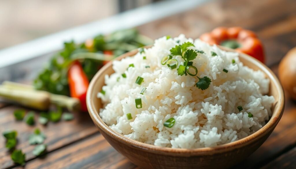 A close-up view of a steaming bowl of fluffy white rice, delicately placed on a rustic wooden table. The rice is garnished with a sprinkle of fresh green herbs, such as cilantro and scallions, enhancing its appeal. In the background, a subtle assortment of colorful allergen-friendly ingredients, like bell peppers and broccoli, is artistically arranged to emphasize the health-conscious menu options. Soft, natural light filters in from the side, casting gentle shadows and creating a warm, inviting atmosphere. A shallow depth of field blurs the background slightly, focusing attention on the rice bowl as the centerpiece of a wholesome meal. The overall mood is vibrant and fresh, encouraging a sense of healthy eating and well-being.