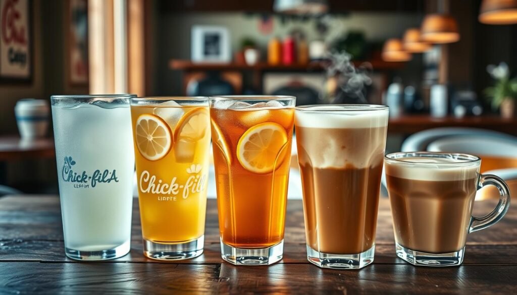 A close-up view of a stylish and diverse drinks display featuring Chick Fil A's popular beverages: a refreshing glass of traditional lemonade with condensation, a clear cup of diet lemonade showcasing its light color, a steaming cup of iced tea with lemon slices floating on top, and a freshly brewed cup of coffee with a delicate swirl of cream. In the foreground, the glasses are arranged artfully on a rustic wooden table, with ice cubes glistening under natural sunlight streaming in from the left. In the middle-ground, there's a blurred background of a cozy café environment, enhancing the inviting atmosphere. The overall mood is vibrant and refreshing, emphasizing the chilled nature of the drinks, suitable for a warm day. No text or branding visible. A close-up view of a stylish and diverse drinks display featuring Chick Fil A's popular beverages: a refreshing glass of traditional lemonade with condensation, a clear cup of diet lemonade showcasing its light color, a steaming cup of iced tea with lemon slices floating on top, and a freshly brewed cup of coffee with a delicate swirl of cream. In the foreground, the glasses are arranged artfully on a rustic wooden table, with ice cubes glistening under natural sunlight streaming in from the left. In the middle-ground, there's a blurred background of a cozy café environment, enhancing the inviting atmosphere. The overall mood is vibrant and refreshing, emphasizing the chilled nature of the drinks, suitable for a warm day. No text or branding visible.