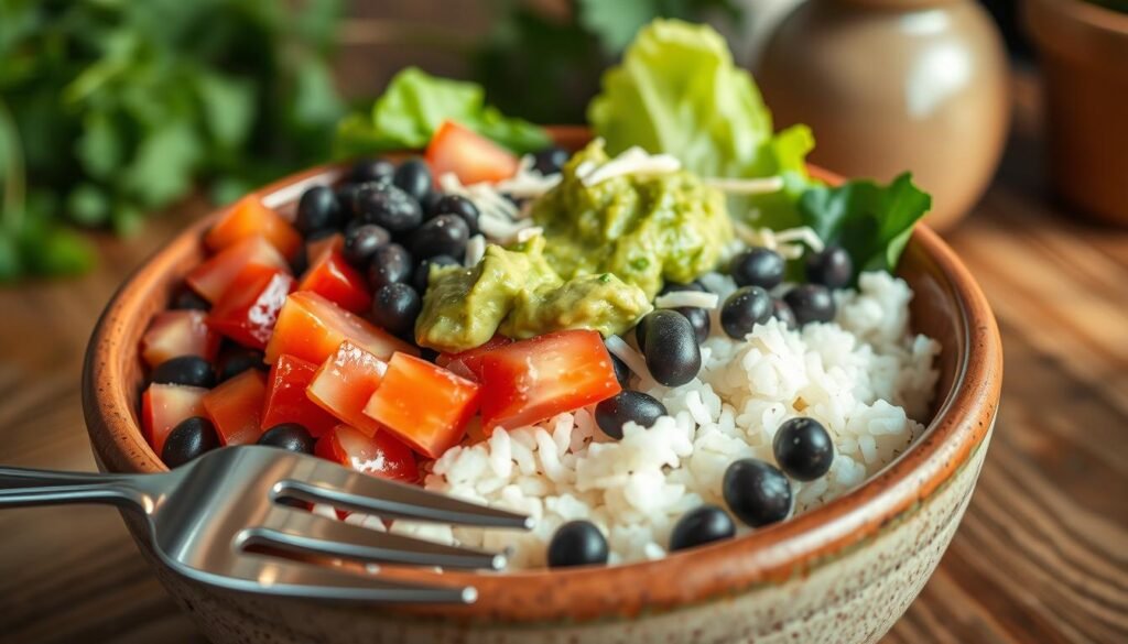 A close-up view of a vibrant burrito bowl, elegantly arranged in a deep, rustic ceramic bowl. The bowl is filled with a colorful medley of fresh ingredients: fluffy white rice, black beans, ripe diced tomatoes, crisp romaine lettuce, guacamole, and a sprinkle of shredded cheese. The foreground features a shiny fork resting beside the bowl, hinting at the meal about to be enjoyed. Soft natural lighting filters from the side, highlighting the texture and freshness of the ingredients. The background is softly blurred, suggesting a cozy dining environment with wooden table textures and subtle greenery, creating an inviting atmosphere. The overall mood is fresh, healthy, and appetizing, perfect for a nutritious meal option. A close-up view of a vibrant burrito bowl, elegantly arranged in a deep, rustic ceramic bowl. The bowl is filled with a colorful medley of fresh ingredients: fluffy white rice, black beans, ripe diced tomatoes, crisp romaine lettuce, guacamole, and a sprinkle of shredded cheese. The foreground features a shiny fork resting beside the bowl, hinting at the meal about to be enjoyed. Soft natural lighting filters from the side, highlighting the texture and freshness of the ingredients. The background is softly blurred, suggesting a cozy dining environment with wooden table textures and subtle greenery, creating an inviting atmosphere. The overall mood is fresh, healthy, and appetizing, perfect for a nutritious meal option.