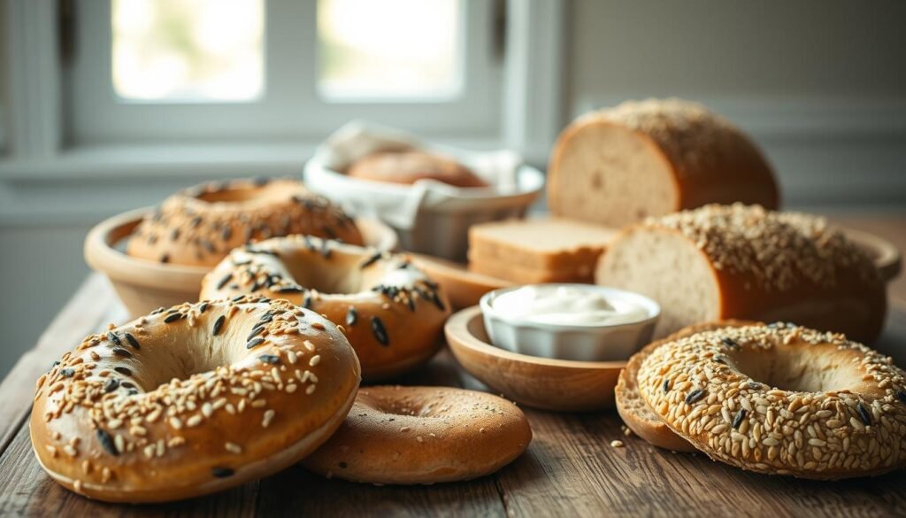A close-up view of an assortment of whole grain bagels and breads arranged elegantly on a rustic wooden table. The foreground features golden-brown bagels sprinkled with sesame and poppy seeds, alongside sliced whole grain loaves showcasing their hearty texture. In the middle ground, a small bowl of creamy spread complements the breads. The background includes soft, natural lighting filtering through a nearby window, casting gentle shadows that enhance the warm and inviting atmosphere. The scene conveys a wholesome, nutritious vibe, emphasizing the health benefits of whole grains. Capture this in a warm color palette with a slightly blurred depth of field to focus on the delicious details of the bagels and breads.