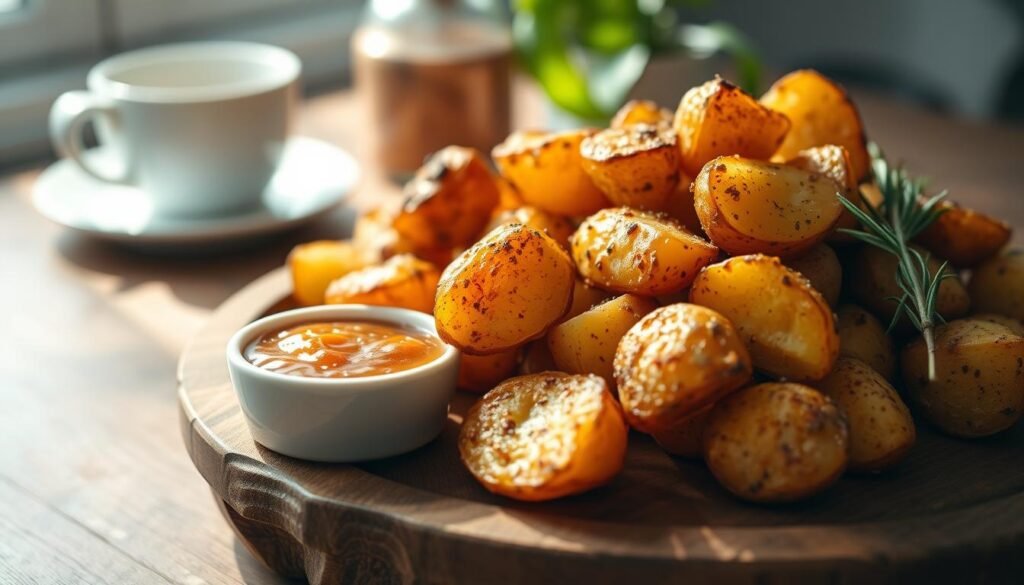 A close-up view of seasoned breakfast potatoes, beautifully arranged on a rustic wooden plate. The potatoes should be golden brown, crispy on the outside, and fluffy on the inside, showcasing a mix of spices like paprika and rosemary. In the foreground, a small bowl of tangy dipping sauce, perhaps salsa or aioli, adds color and texture. The middle of the scene features soft, diffused natural light illuminating the potatoes, highlighting their enticing, crunchy texture. In the background, a cozy, blurred breakfast setting with a soft-focus coffee cup and a hint of greenery from a nearby plant creates a warm, inviting atmosphere. The overall mood is friendly and appetizing, perfect for showcasing delicious sides that enhance any breakfast meal.
