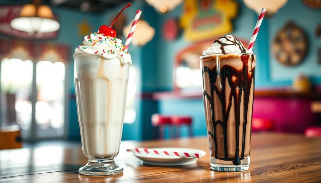 A close-up view of two classic shakes elegantly presented on a wooden table. In the foreground, a rich, creamy vanilla shake topped with whipped cream, a cherry, and colorful sprinkles in a tall glass is juxtaposed with a chocolate shake drizzled with chocolate syrup. The middle ground features a small plate with a couple of straws waiting beside the shakes. In the background, soft-focus hints of a vibrant ice cream parlor interior, with retro decor and cheerful colors, enhance the atmosphere. Natural light filters in, casting a warm glow, capturing the delicious textures and glossy finishes of the shakes. The scene conveys a nostalgic, inviting vibe, evoking the excitement of classic ice cream treats.